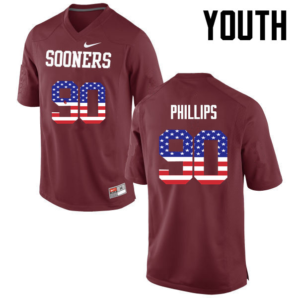 Youth Oklahoma Sooners #90 Jordan Phillips College Football USA Flag Fashion Jerseys-Crimson
